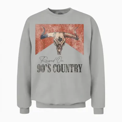 Vintage Western Bull Skull Raised on 90's Country Music Unisex Sweatshirt - Ash