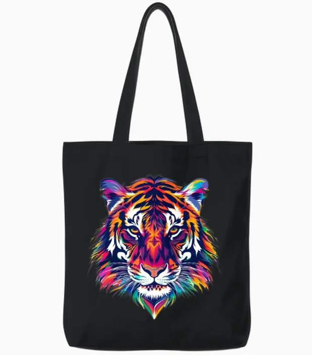Colorful Tiger Animal Art Tiger Face Tote Bags in Black