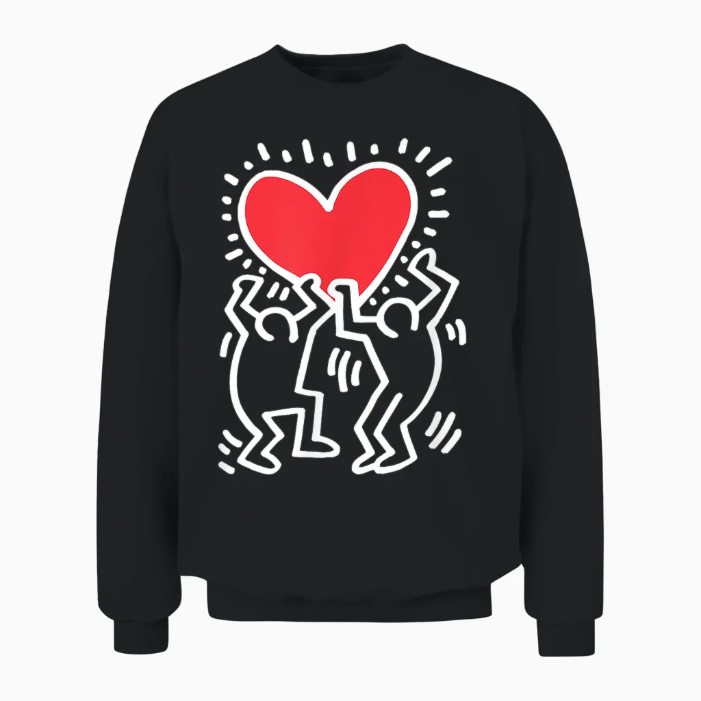 Keith Haring Dancing Heart Artwork T-Shirt, Black Unisex Sweatshirt in Black