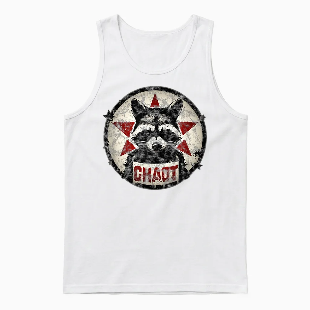 Raccoon Chaos Anarchy Star Fighter Revolution Vintage T-Shirt, Black Unisex Tank Top in White