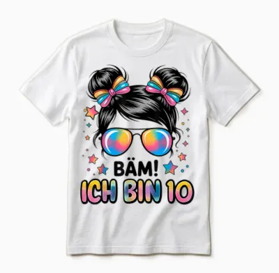 Bam! I'm 10 - Lustiger 10. Geburtstag Mädchen Regenbogen Messy Bun Sun Unisex T-Shirt - White