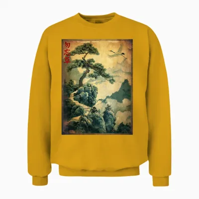Japanese Vintage Designs Japanische Holzschnittkunst: Kraniche Und Kiefer. Japanisches Kanji Unisex Sweatshirt - Gold