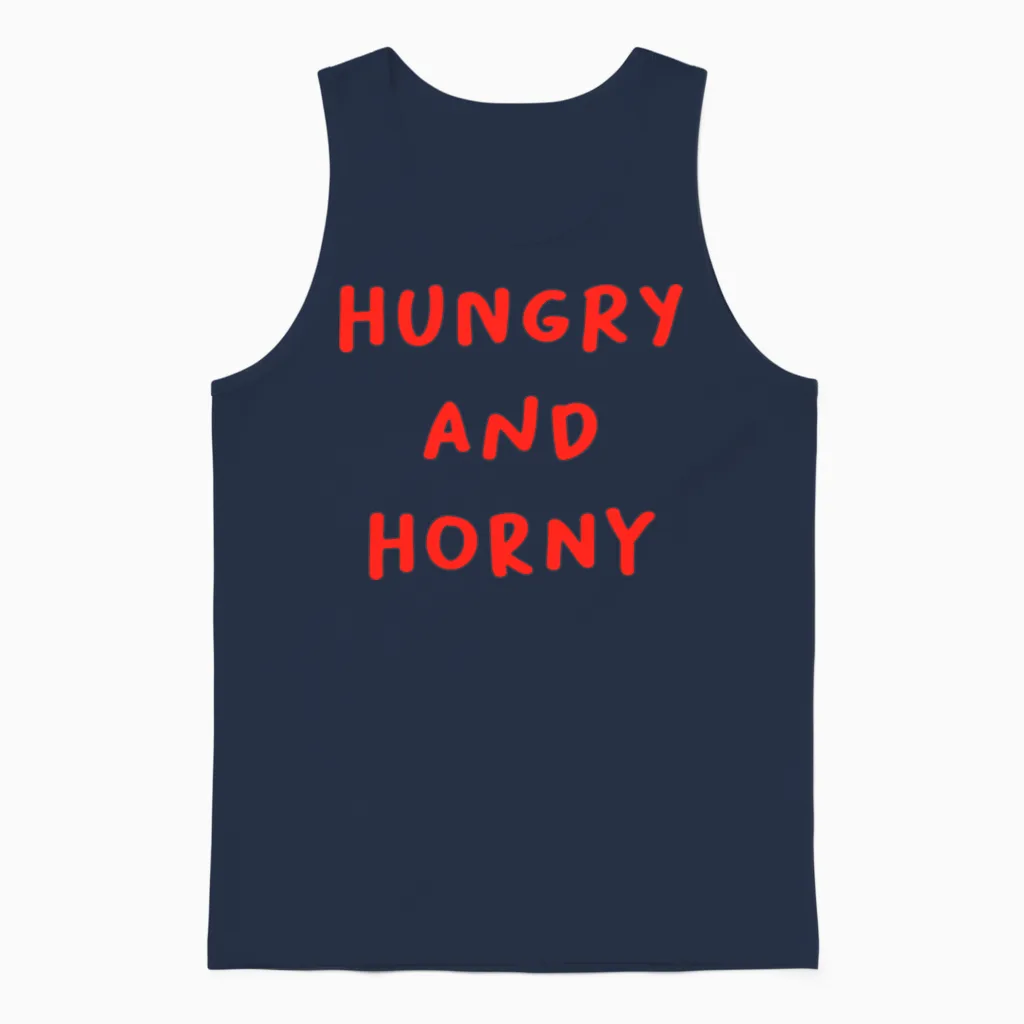 Hungry and Horny Funny Quote Unisex Tank Top in Navy