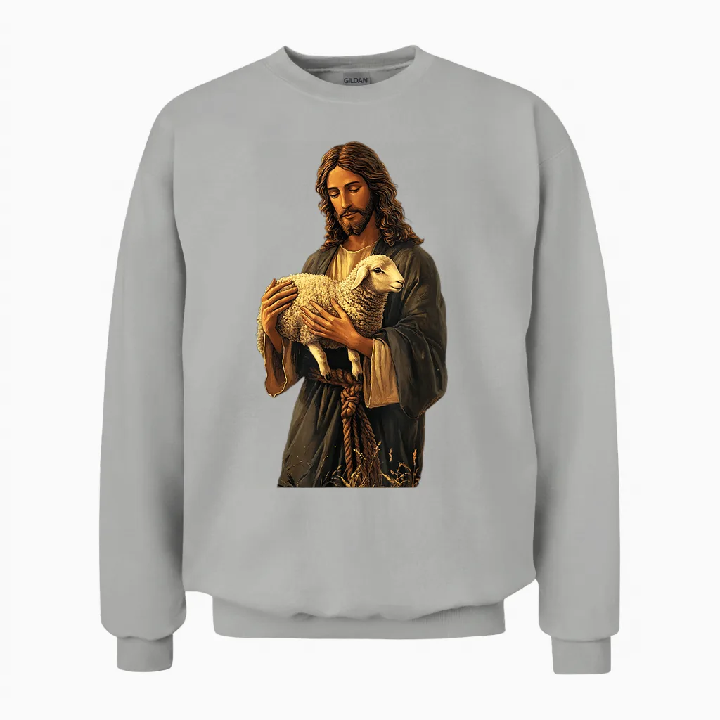 Friedliche Religiöse Darstellung Serener Jesus Mit Lamm Christliche Kunst T-Shirt Für Christen, Unisex, Weiß, S Unisex Sweatshirt in Ash