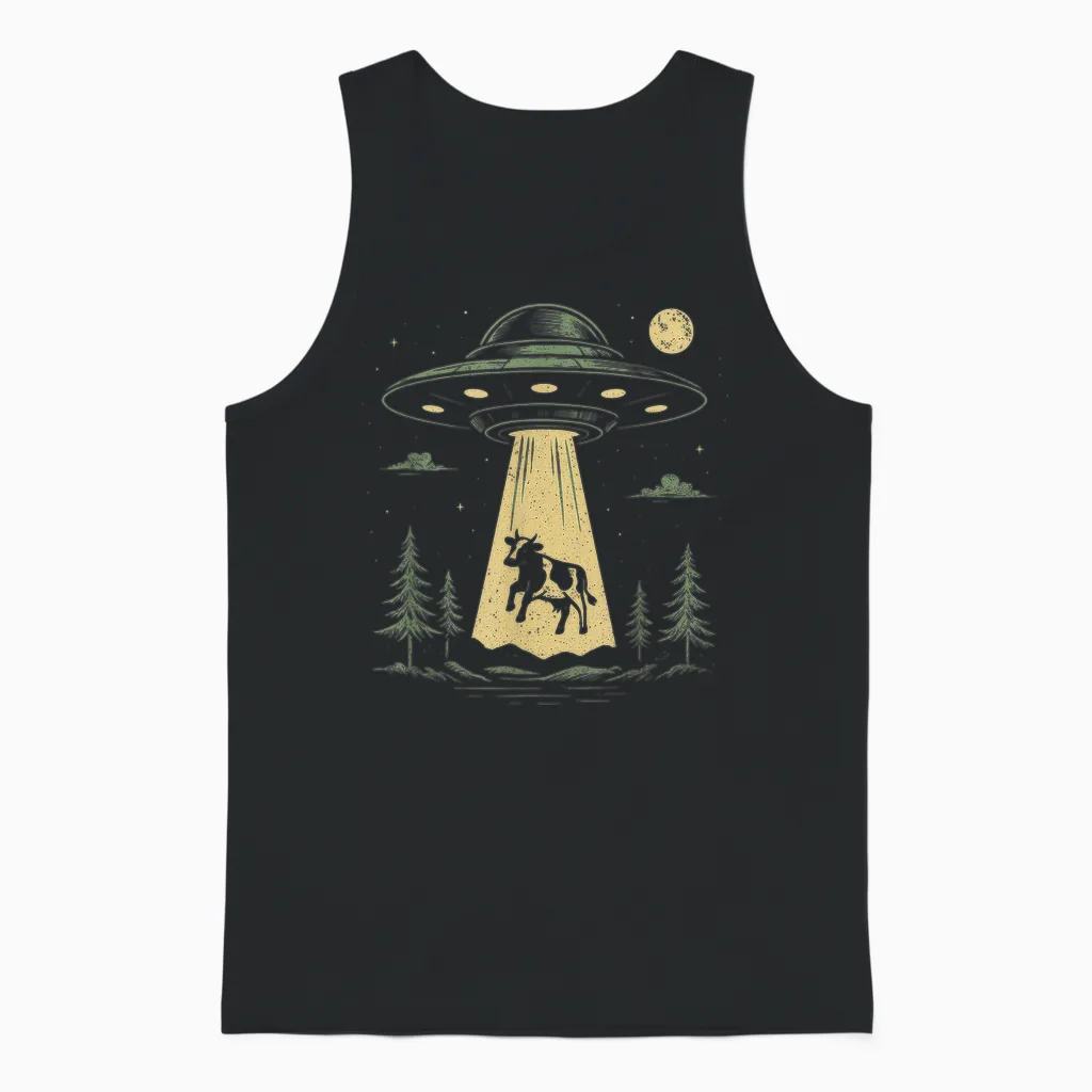 Ufo Cow Kidnapping Design Funny Alien Spaceship Unisex Tank Top in Black