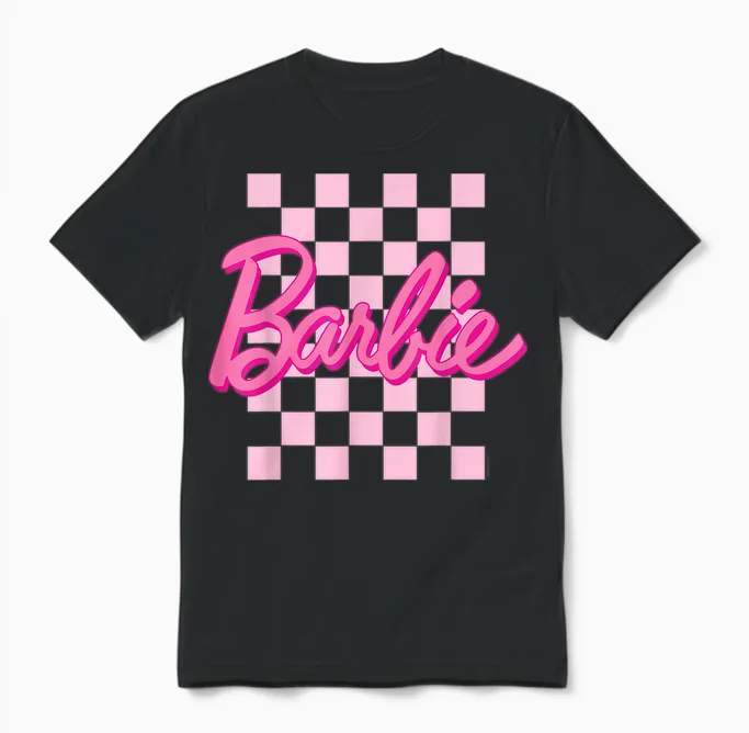 Barbie - Barbie Logo Checkered Background Short Sleeve T-Shirt for Women, Small Unisex T-Shirt in Black