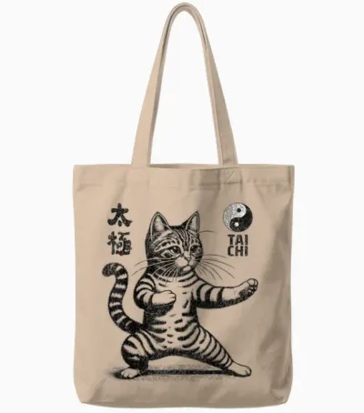 Funny Cat in Tai Chi Stance Martial Arts Yin Yang Balance T-Shirt, White, S Tote Bags - Natural