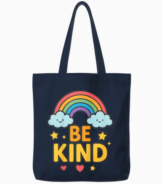 Kids Girls Be Kind Rainbow Motivational Message Colorful Positive Tote Bags in Navy