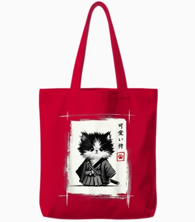 Samurai Cat Japanese Art Sumi-E Novelty Kawaii Funny Cat Tote Bags - Red