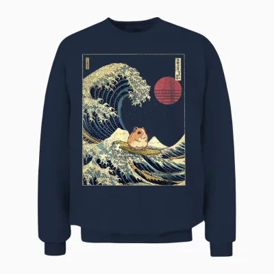 Hamster Kanagawa Wave Funny Surf Animal T-Shirt, Black Unisex Sweatshirt - Navy