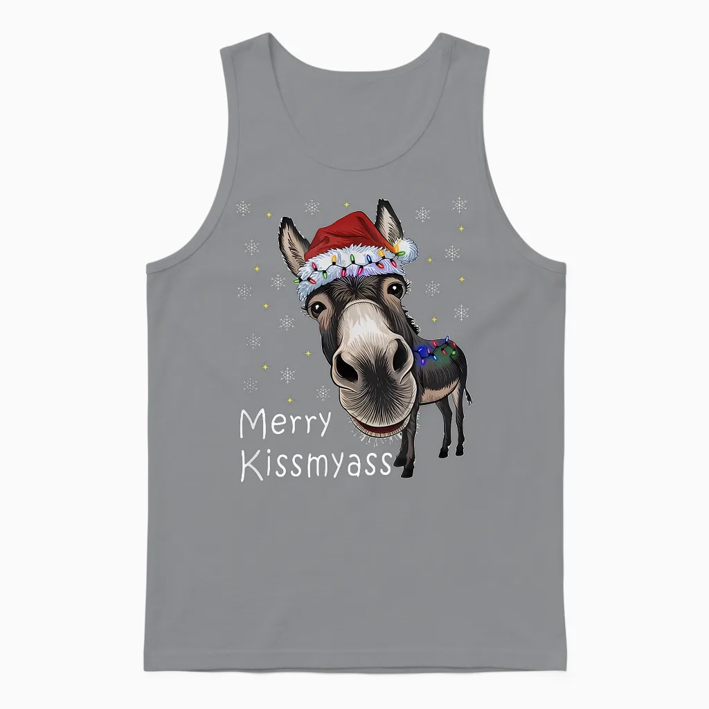 Merry Kissmyass Donkey Sarcastic Xmas Funny Christmas Unisex Tank Top in Sport Grey