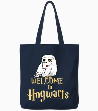 Harry Potter Hedwig Welcome to Hogwarts T-Shirt, Black Tote Bags - Navy