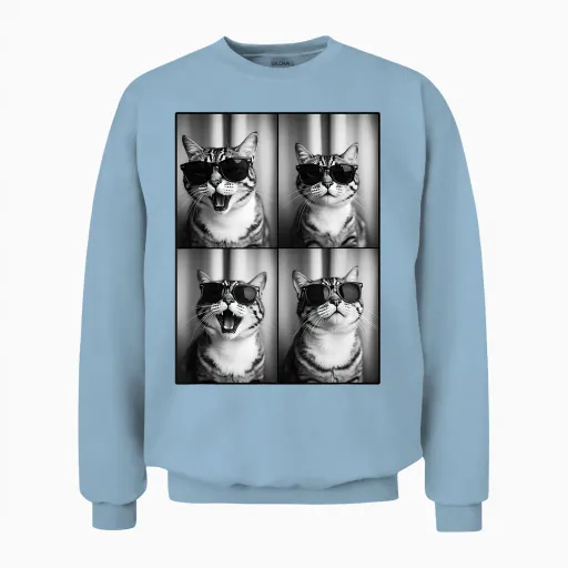 Funny Cat Selfie Photobooth | Cat with Sunglasses, Cat Laugh Unisex Sweatshirt - Light Blue