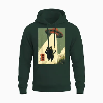 Vintage Japanese Cat Alien Cat Dad Ufo Abduction Graphic Unisex Hoodie - Forest