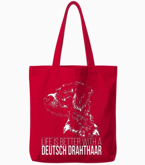 Deutsch Drahthaar Life Is Better Dog Saying Tote Bags in Red