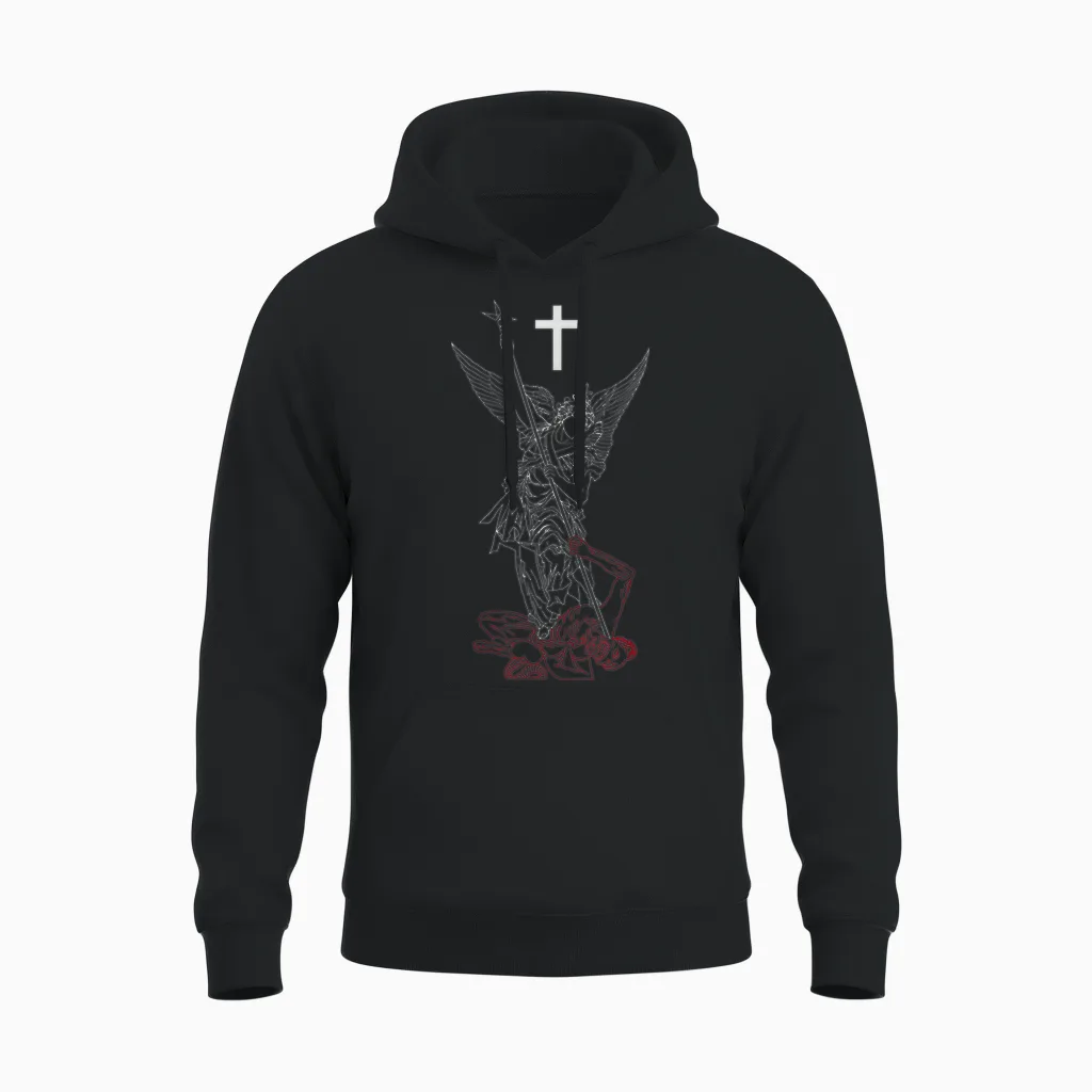Saint Michael the Archangel Defeating Satan Warrior Faith Unisex Hoodie in Black
