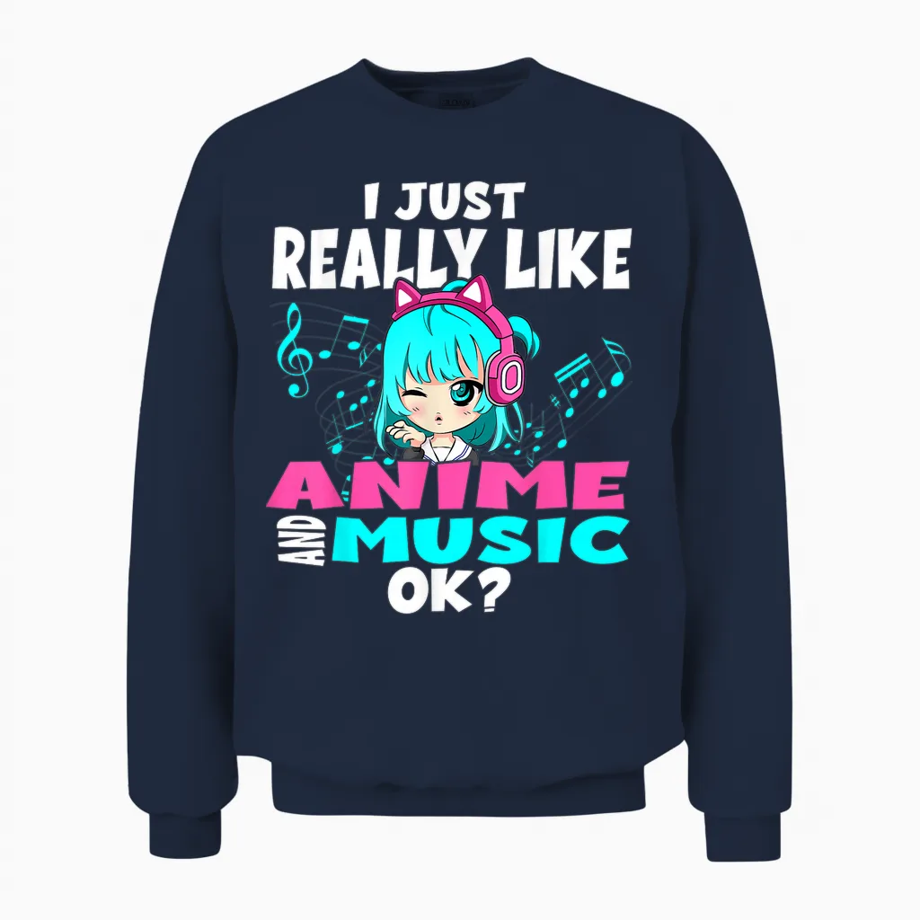 Anime and Music Kawaii Chibi Graphic Teen Anime Girl Unisex Sweatshirt in Navy