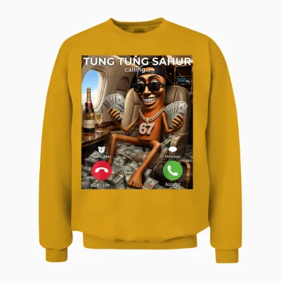 Rich Tung Sahur Money Calling Meme 67 Brainrot Luxury Vibes Unisex Sweatshirt - Gold