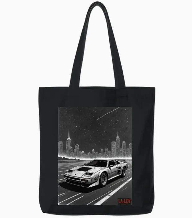 Retro Synthwave Racer Tote Bags in Black