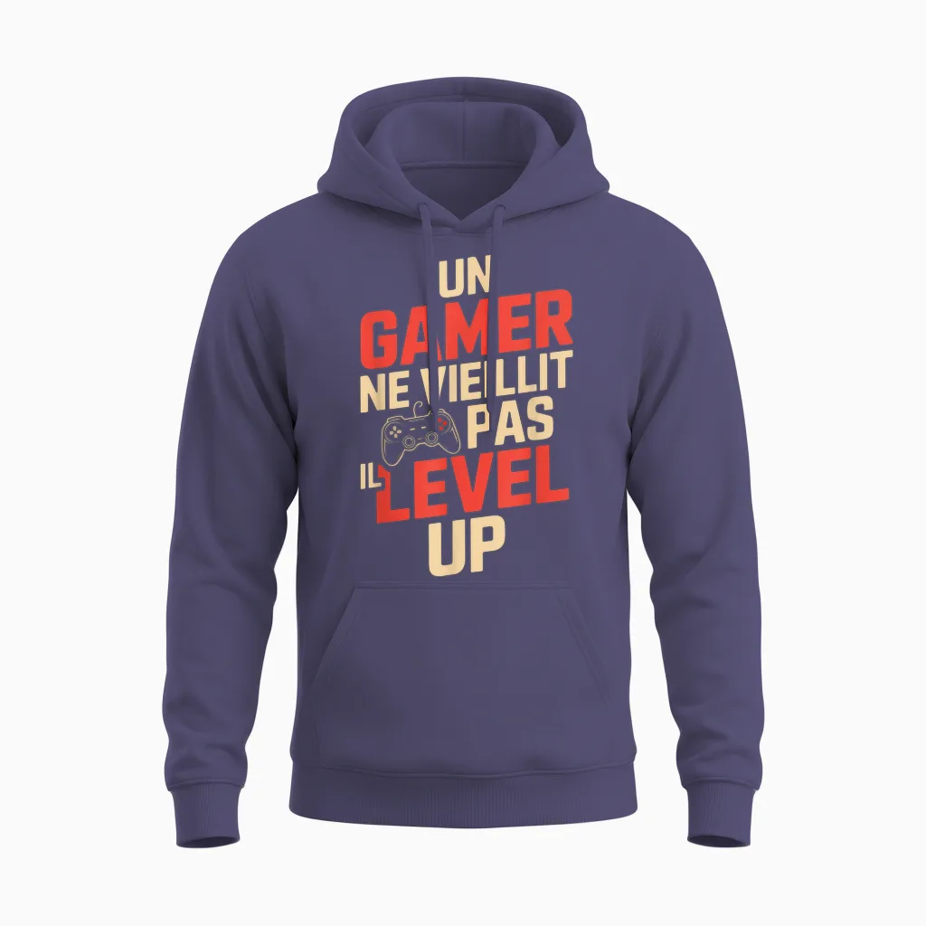 Geek Man Humour Gamer Gift Idea Funny Gaming Level Up Unisex Hoodie in Heather Sport Dark Navy