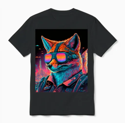 Retro Futuristic Synthwave Fox Unisex T-Shirt in Black