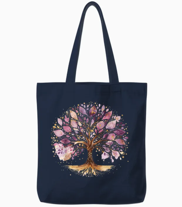 Lila Und Gold Yoga Baum Des Lebens Tote Bags in Navy