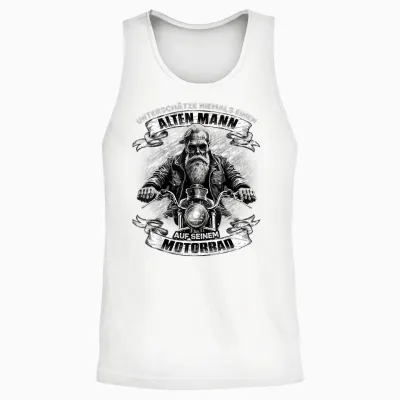 Never Underestimate an Old Man on His Motorcycle T-Shirt, Black Unisex Tank Top - White