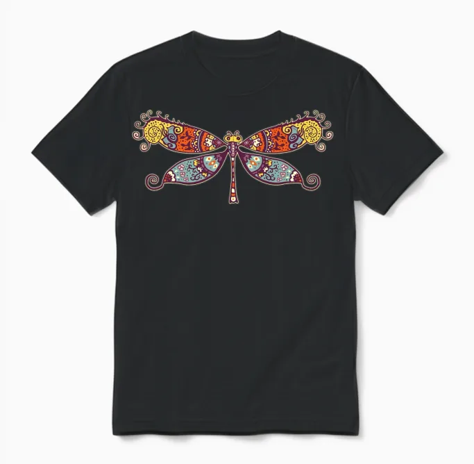 Womens Colorful Retro Dragonfly Unisex T-Shirt - Black