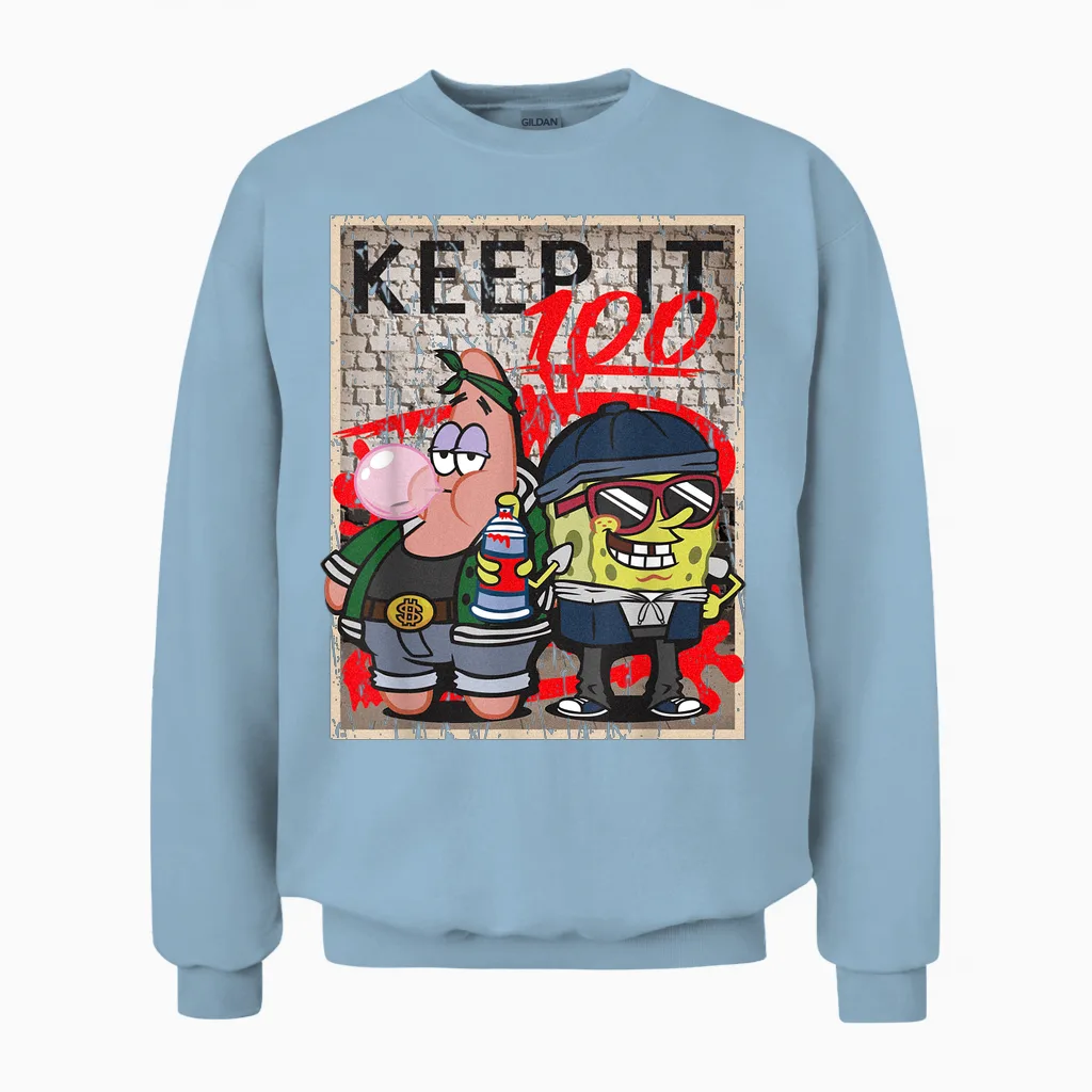 Mademark X Spongebob Squarepants - Spongebob and Patrick Keep It 100 Hip Hop Rap Graffiti Cool Unisex Sweatshirt in Light Blue