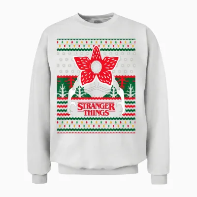 Stranger Things Christmas Epic Demogorgon Ugly Sweater Logo Unisex Sweatshirt - White
