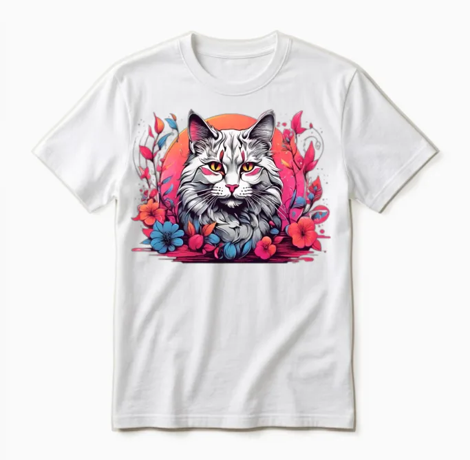 Retro Colorful Cat - Retro Floral Unisex T-Shirt in White