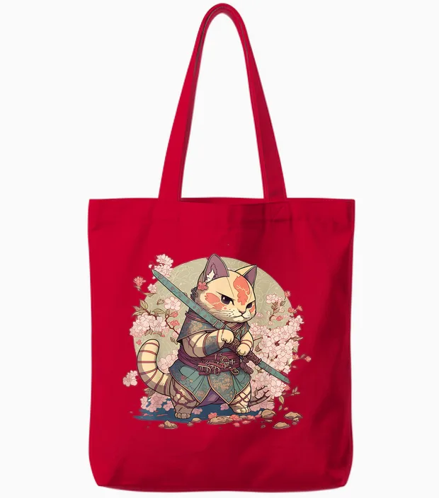 Samurai Cat Warrior Japanische Ninja Katze Kawaii Tote Bags in Red