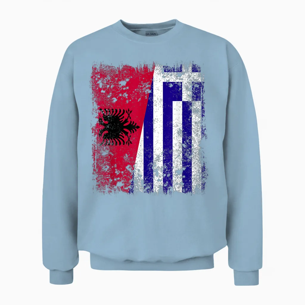 Albania Greece Half Flag Albanian Greek Hellas Heritage Unisex Sweatshirt in Light Blue