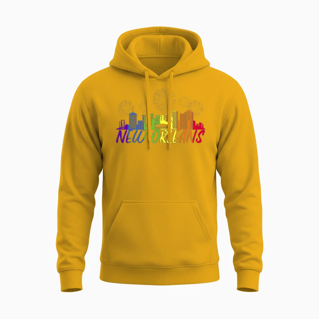 New Orleans Pride Skyline Pride Parade New Orleans Unisex Hoodie in Gold