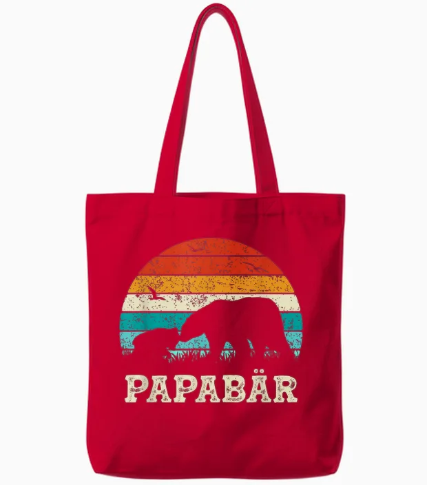 Retro Father Baby Son Daughter Bear Dad Father's Day T-Shirt, Black Tote Bags in Red