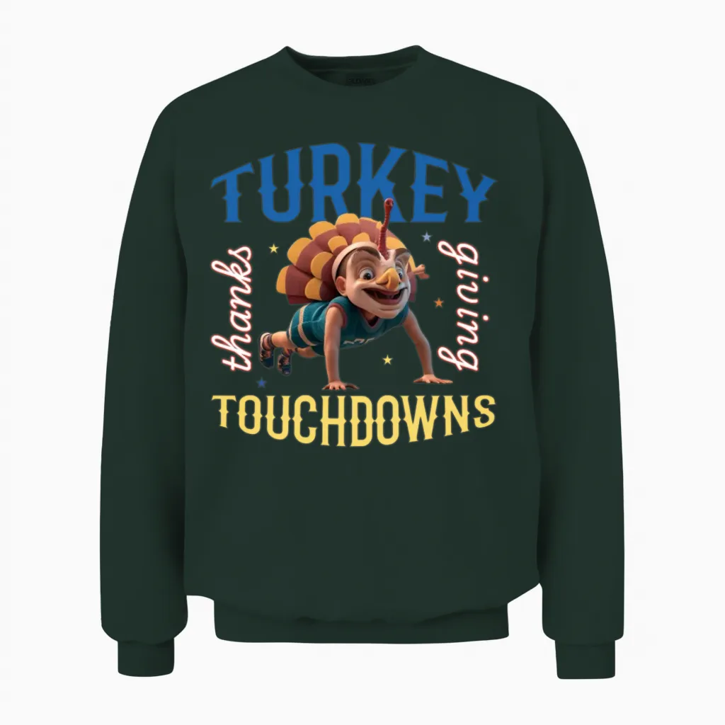 Turkey and Touchdowns Funny Thanks Giving Design Unisex Sweatshirt in Forest