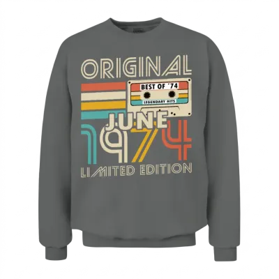 50th Birthday Vintage June 1974 Original 1974 Unisex Sweatshirt - Graphite Heather