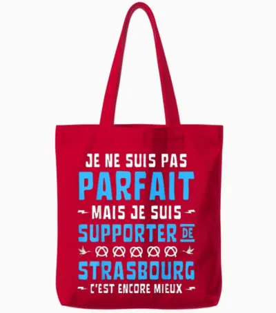 Football T-Shirt with German Text "ich Bin Nicht Perfekt, Sondern Fan Von Strasburg, Black Tote Bags - Red