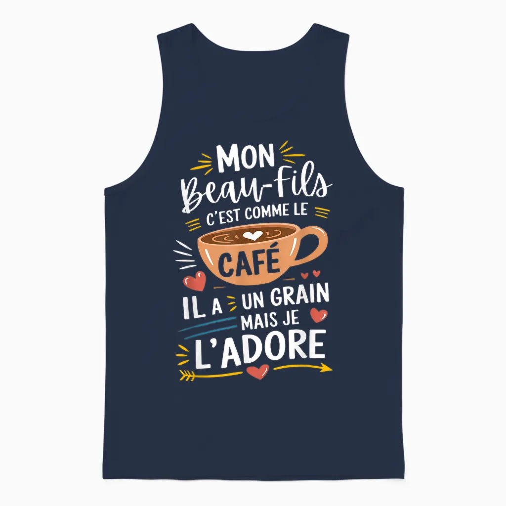 Mon Beau-Fils Comme Le Café – Gift Humour Coffee T-Shirt, Black, S Unisex Tank Top in Navy