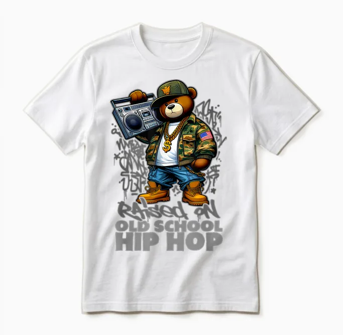 Raised on Old School Hip Hop Bear Rap 90s Hip Hop T-Shirt, Black, S Unisex T-Shirt in White