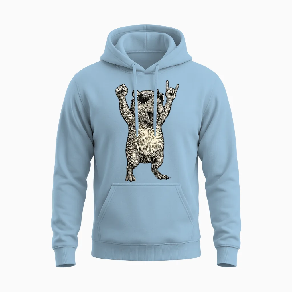 Capybara Racoon Hard Rock Heavy Metal Capybara Unisex Hoodie in Light Blue