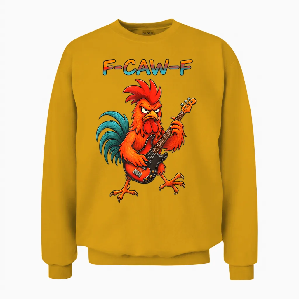 F-Caw-F Funny Chicken Humor F-Caw-F Quote Rock Guitar Unisex Sweatshirt in Gold