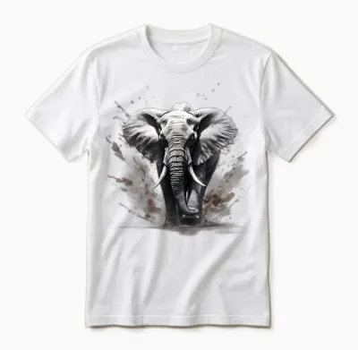 Elephant Drawing Motif Wildlife Splash Nature Animal Print T-Shirt, Black Unisex T-Shirt - White