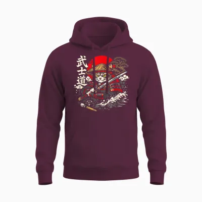Chat Samouraï Avec Katana Sous Le Soleil Style Bushido Unisex Hoodie - Maroon