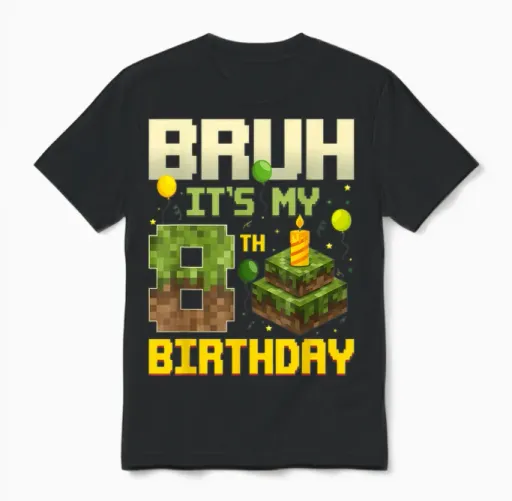 Bruh It's My 8th Birthday Game Pixel Funny Birthday Boy Unisex T-Shirt in Black