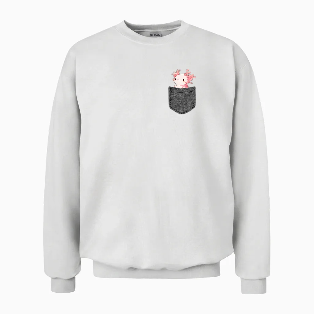 Axolotl T-Shirt in Chest Pocket, Black Unisex Sweatshirt in White