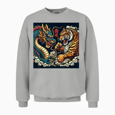 Japanese Dragon Vintage Fight Tiger Giant Asian Folklore T-Shirt, Black, S Unisex Sweatshirt - Ash