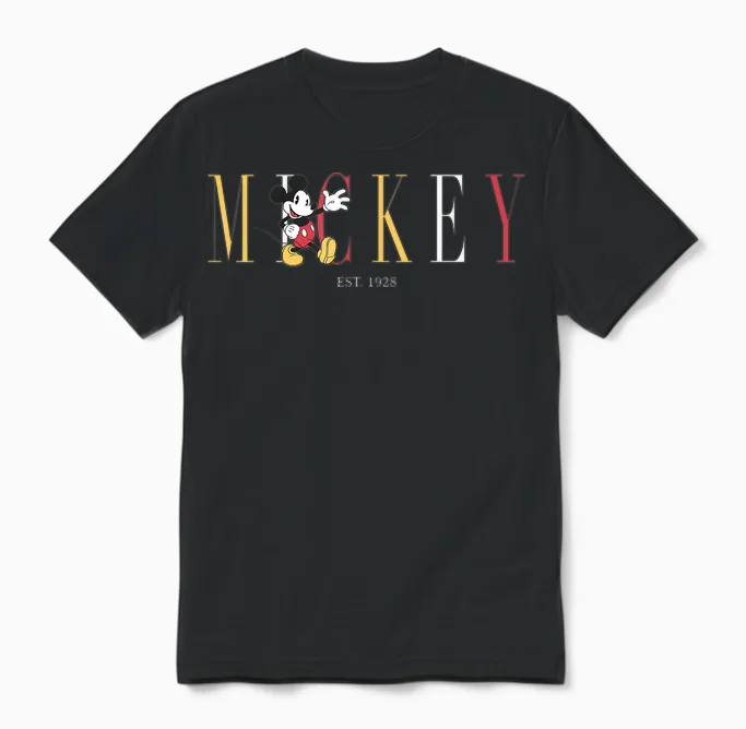 Disney Mens Classic Disney Mickey and Friends Mickey Mouse Est 1928 Simple Text T Shirt, Blue, Small Us Unisex T-Shirt in Black