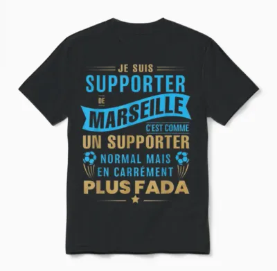 Supporter De Marseille Plus Fada Humour Football Marseillais T-Shirt, Black, S Unisex T-Shirt - Black