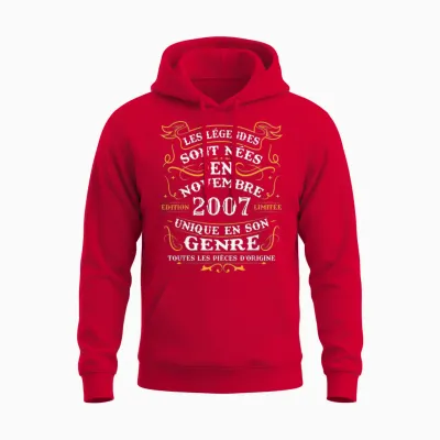 Vintage Birthday Gift 18 Years Born in November 2007 Unisex Hoodie - Red